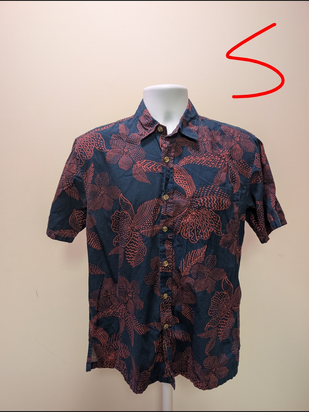 Men's Navy Short-Sleeve Button-Down with Coral Floral Print